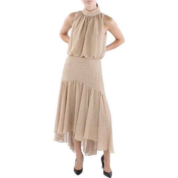 TAYLOR TAN POLKA DOT MOCK NECK MAXI DRESS - Picture 1 of 10